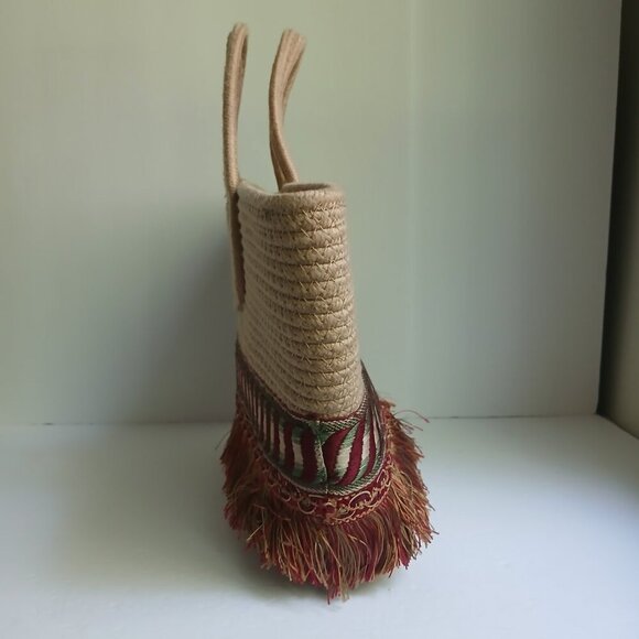 Soft Natural Rope Satchel Tote Bag Rich Circular Handle Embroidery & Fringe - Picture 5 of 9
